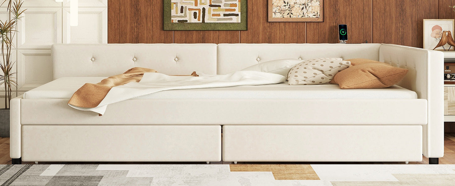 Cream velvet daybed with storage drawers and tufted headboard