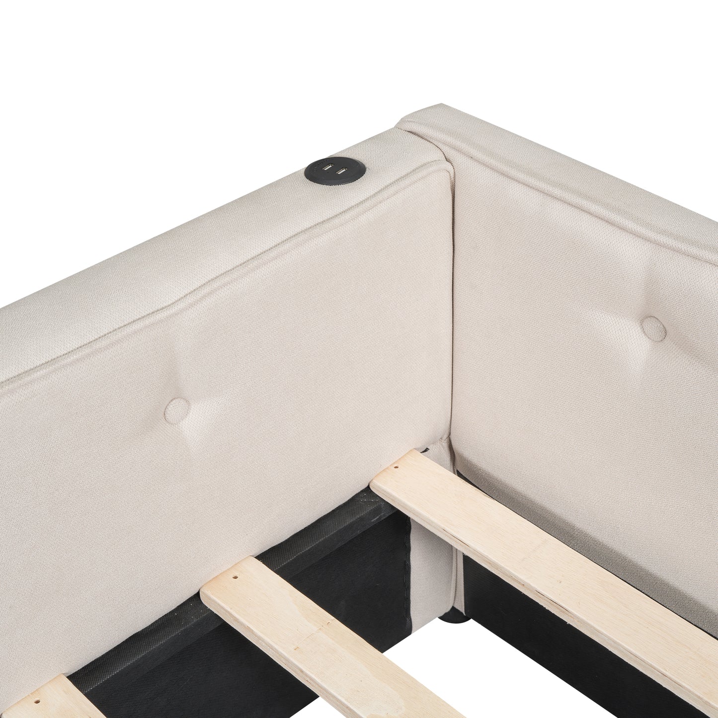 Upholstered bed frame corner with integrated USB charging ports in beige fabric