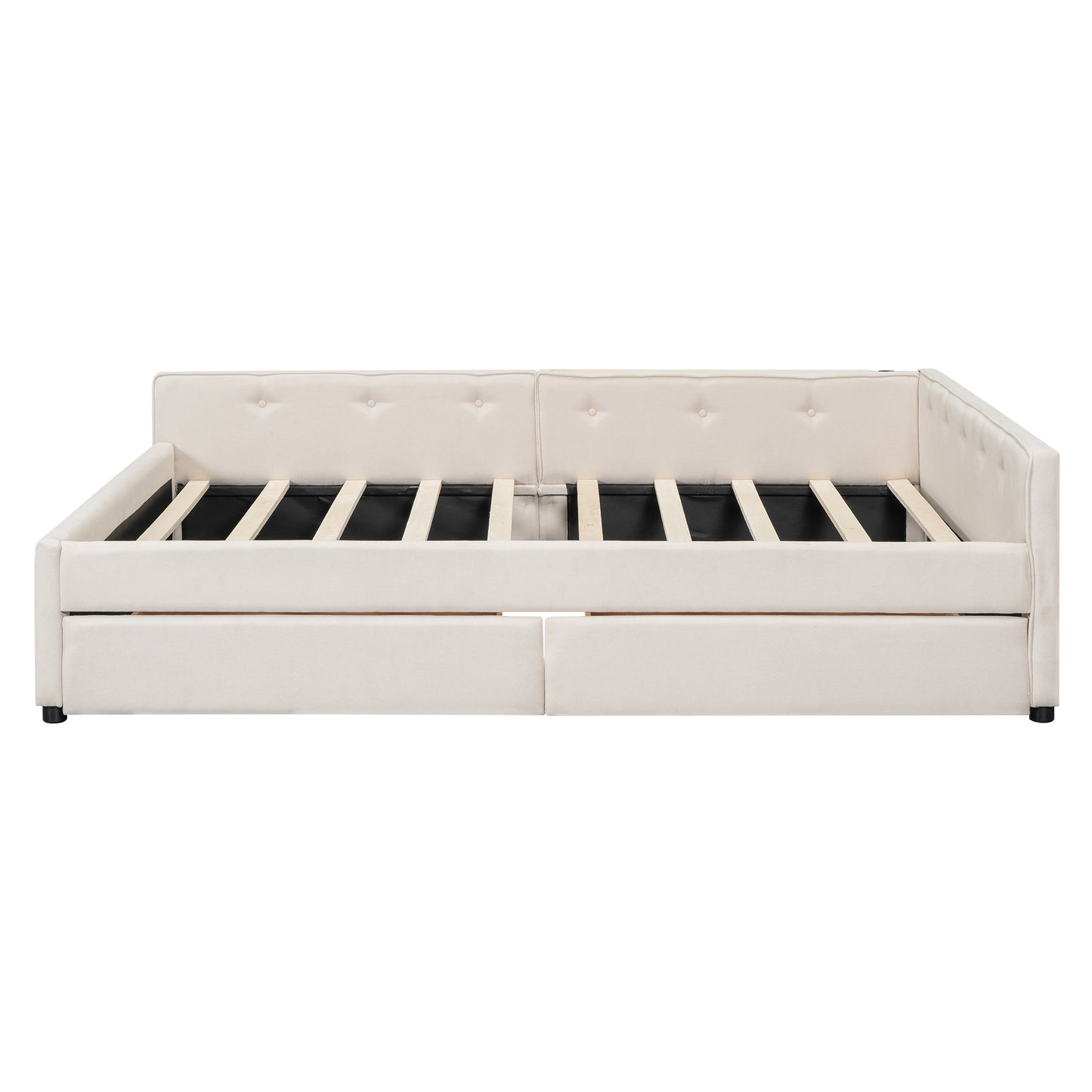 Cream upholstered daybed with button tufting and pullout trundle