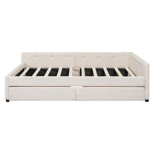 Cream upholstered daybed with button tufting and pullout trundle