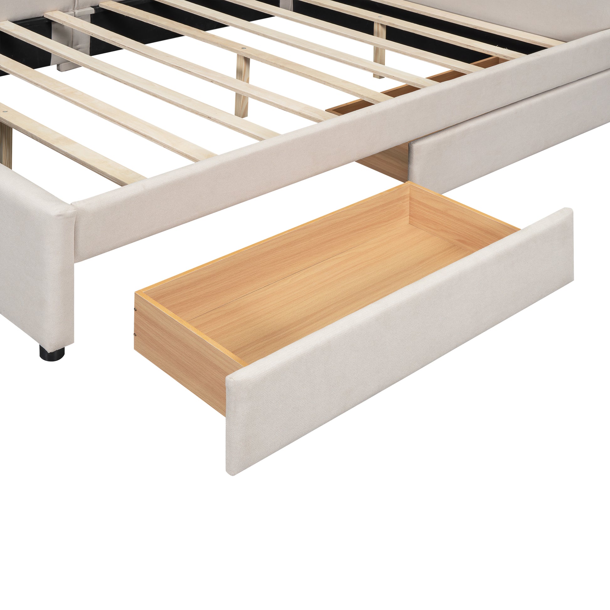 Light beige upholstered bed frame with an open storage drawer