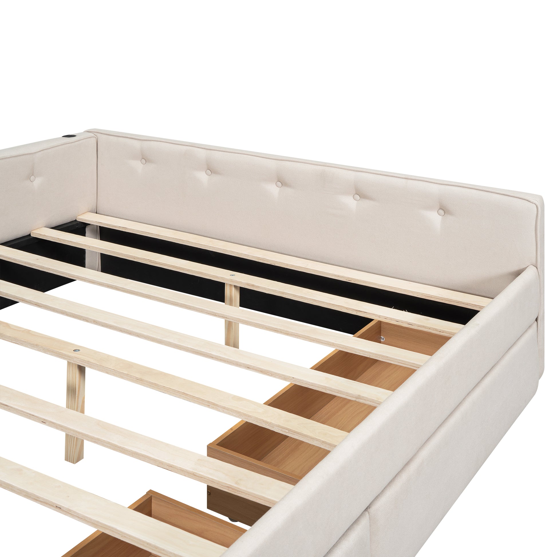 Beige upholstered daybed frame with button tufted headboard and wooden slats