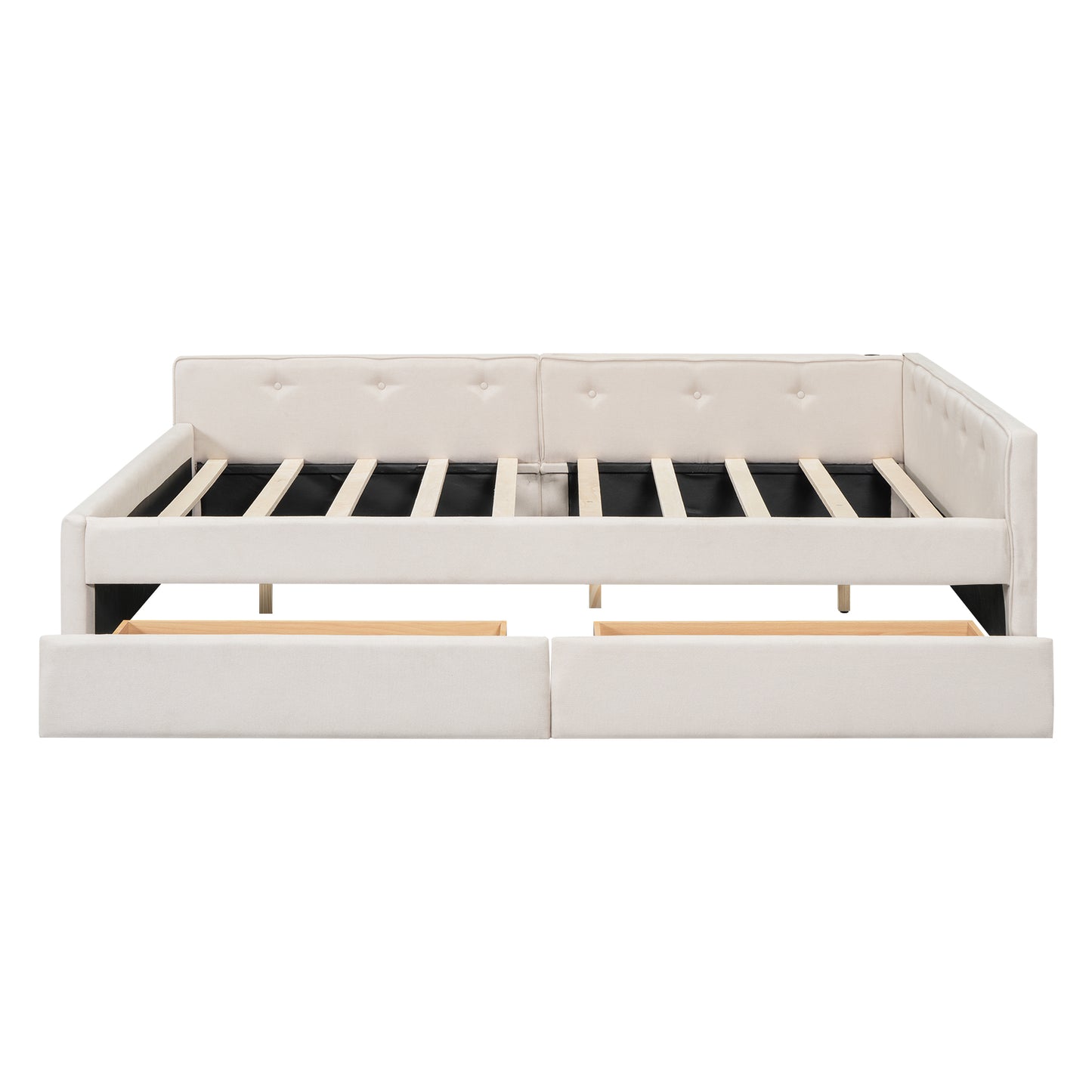 Tufted beige upholstered daybed frame with storage drawers
