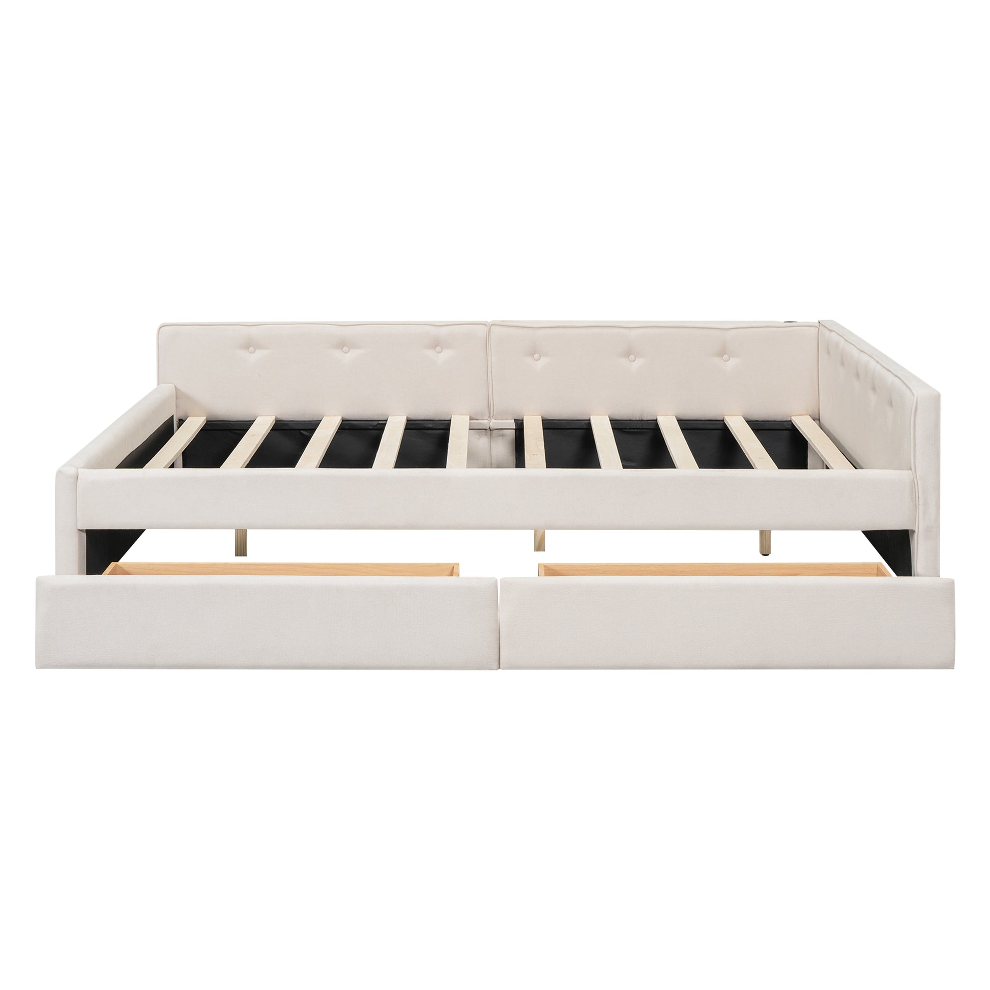 Tufted beige upholstered daybed frame with storage drawers