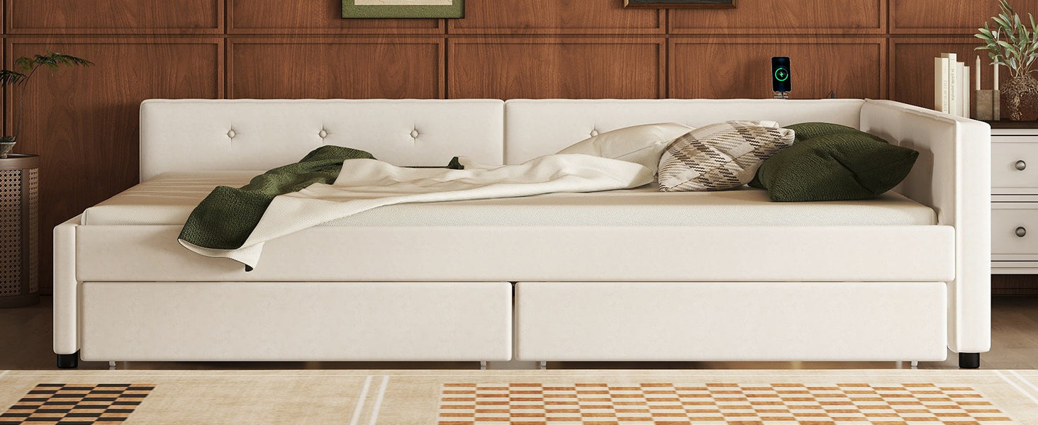 White upholstered daybed with storage drawers and tufted headboard