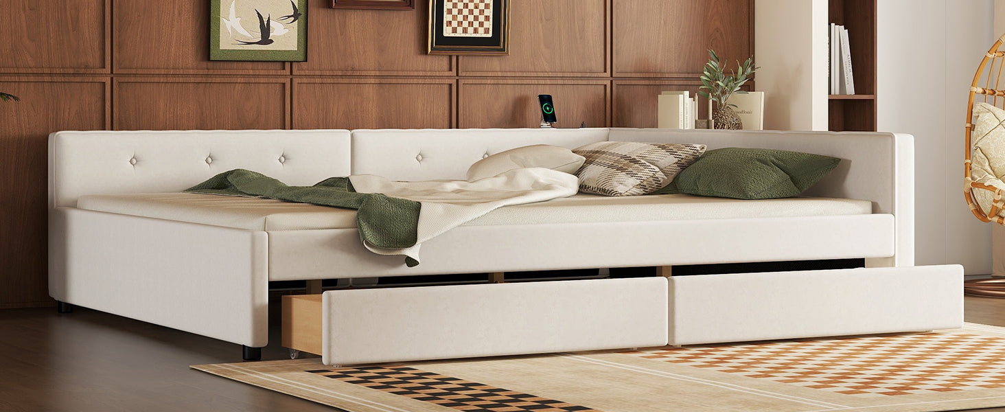 White velvet upholstered daybed with two pullout drawers for storage tufted backrest