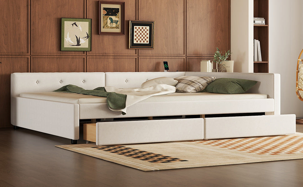 White upholstered daybed with three storage drawers and tufted headboard