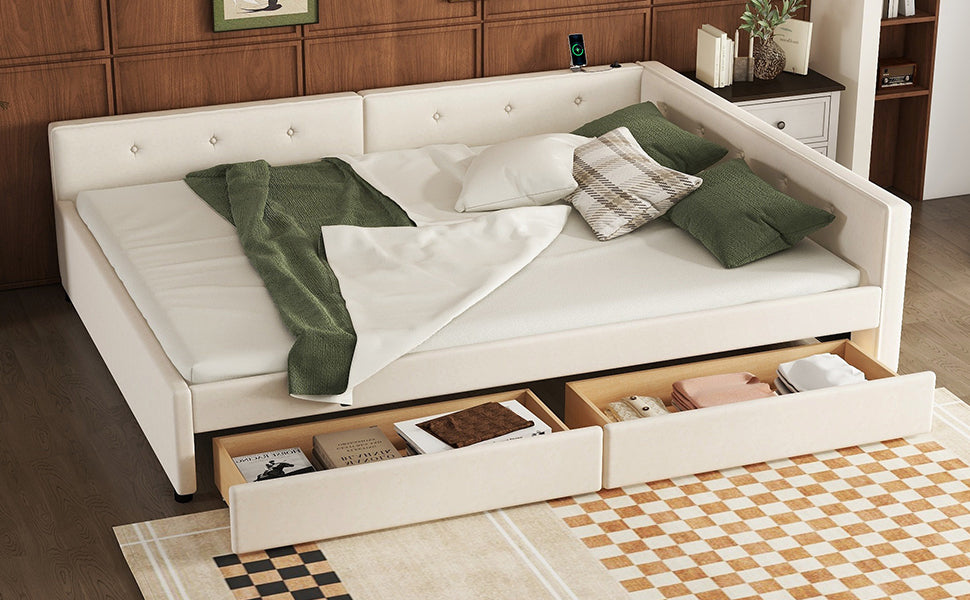 Cream upholstered daybed with tufted headboard and storage drawers