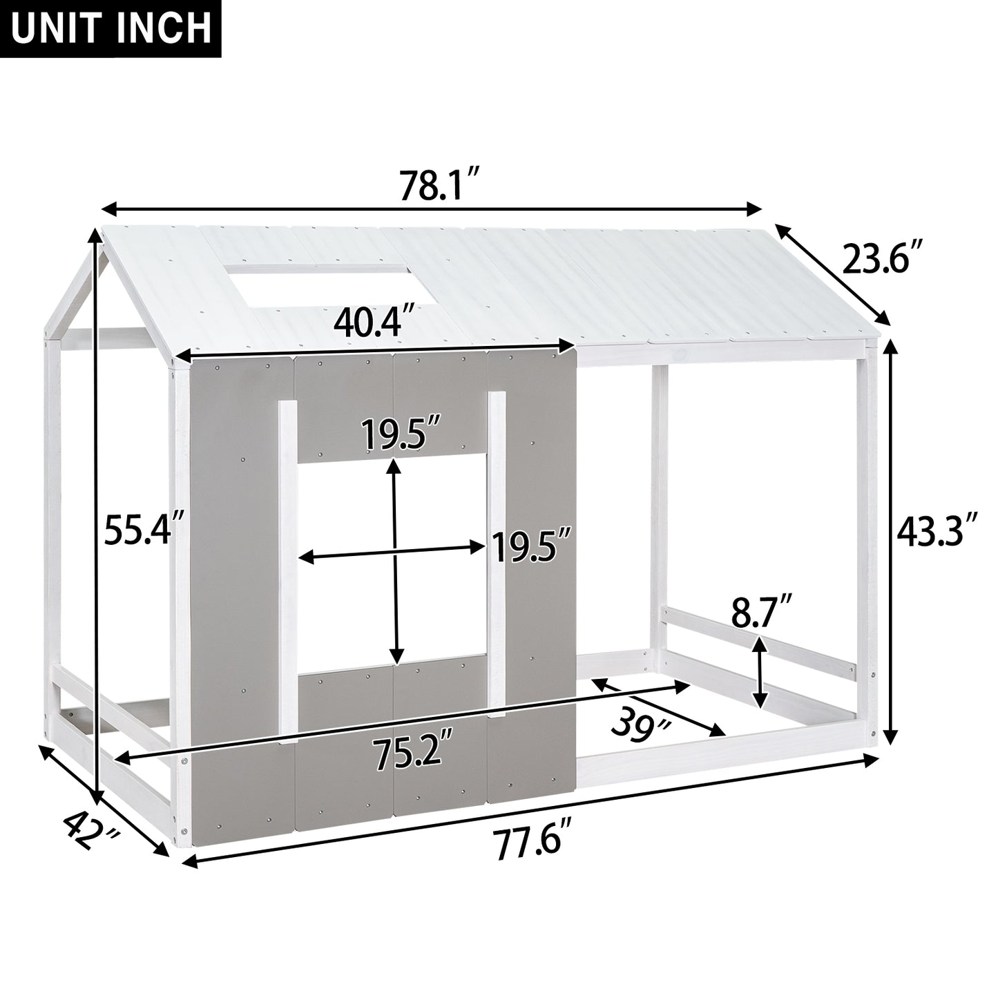 White wooden house bed frame with dimensions