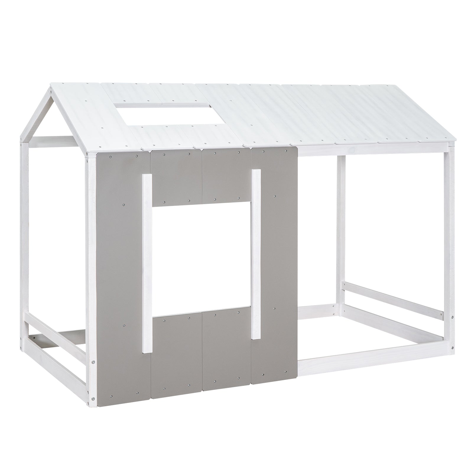 White wooden playhouse bed frame with gray wall panels and an open roof