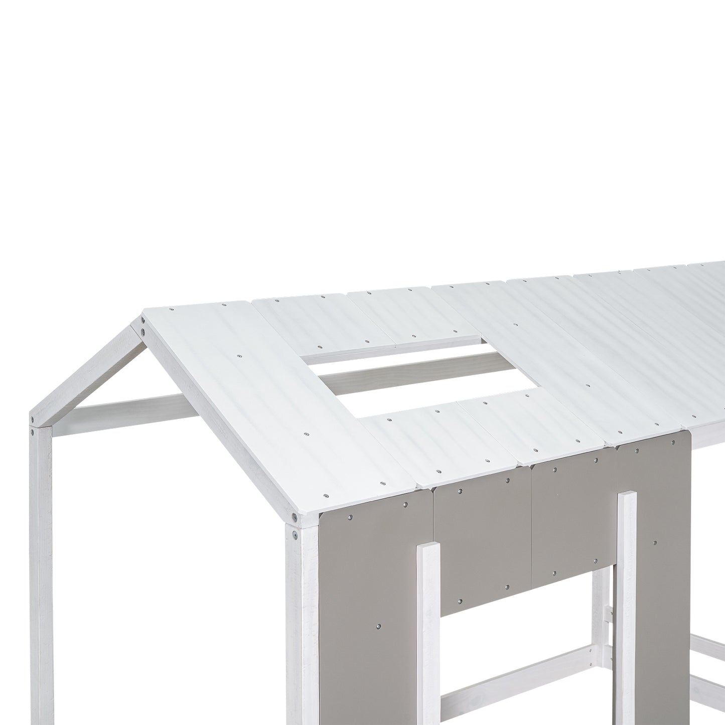 White slatted wood playhouse roof detail with a central opening