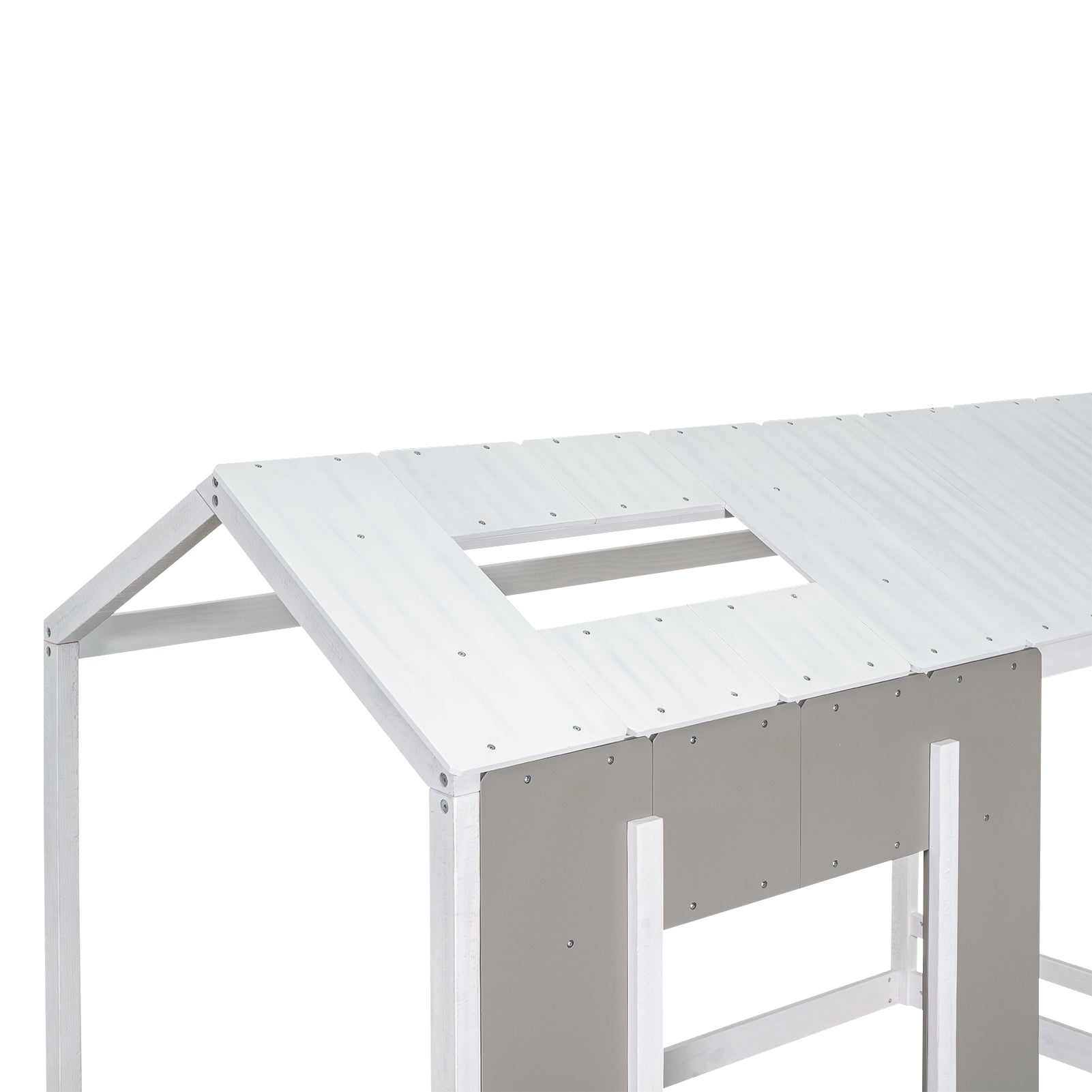 White slatted wood playhouse roof detail with a central opening