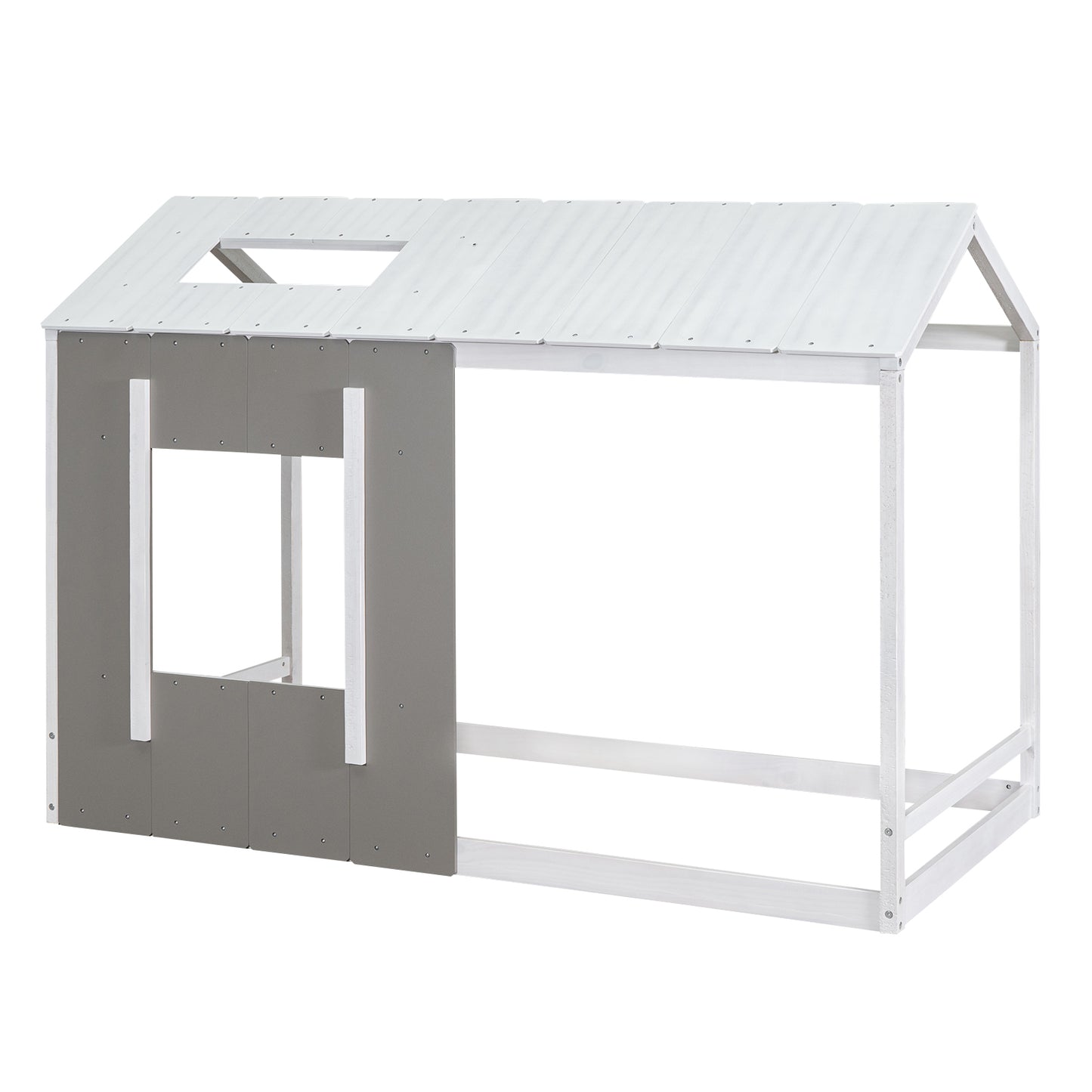 White and gray wooden house bed frame with an open roof and window cutout