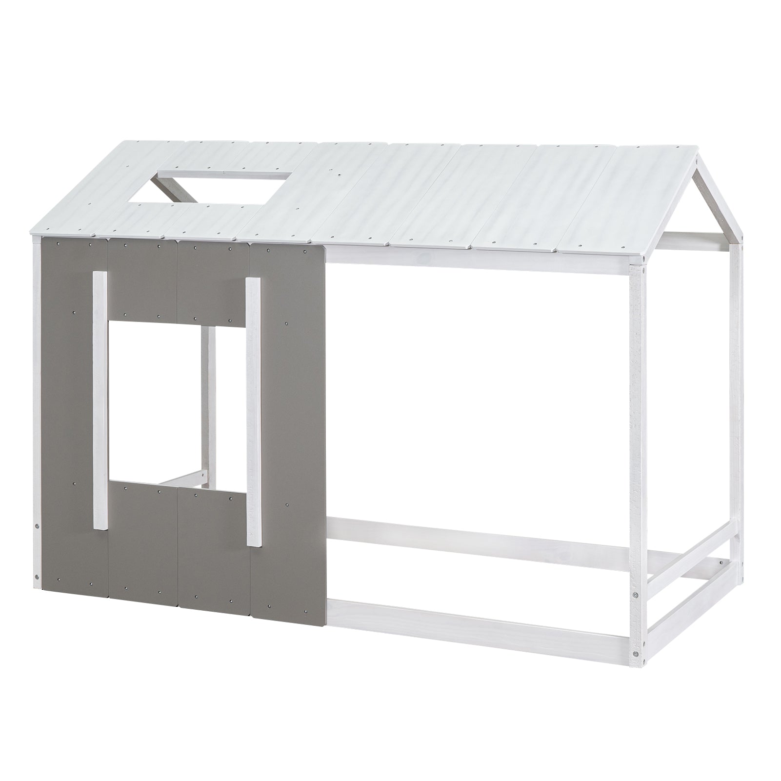 White and gray wooden house bed frame with an open roof and window cutout