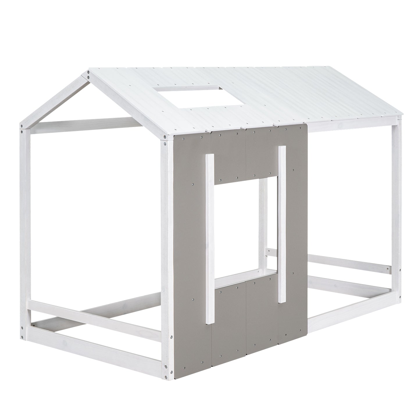 White wooden house bed frame with grey panels and a roof window