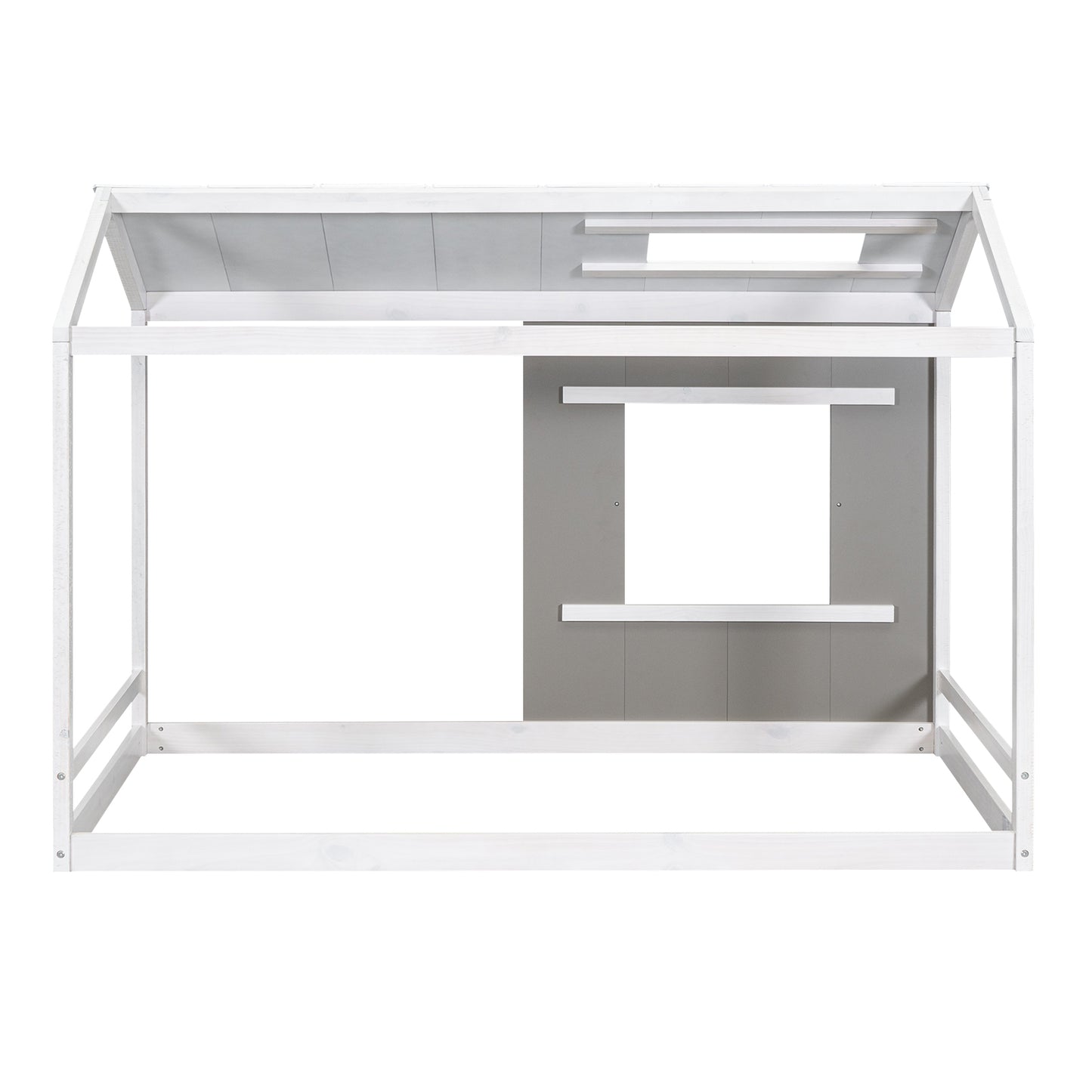White wooden house bed frame with grey accent panels and shelves