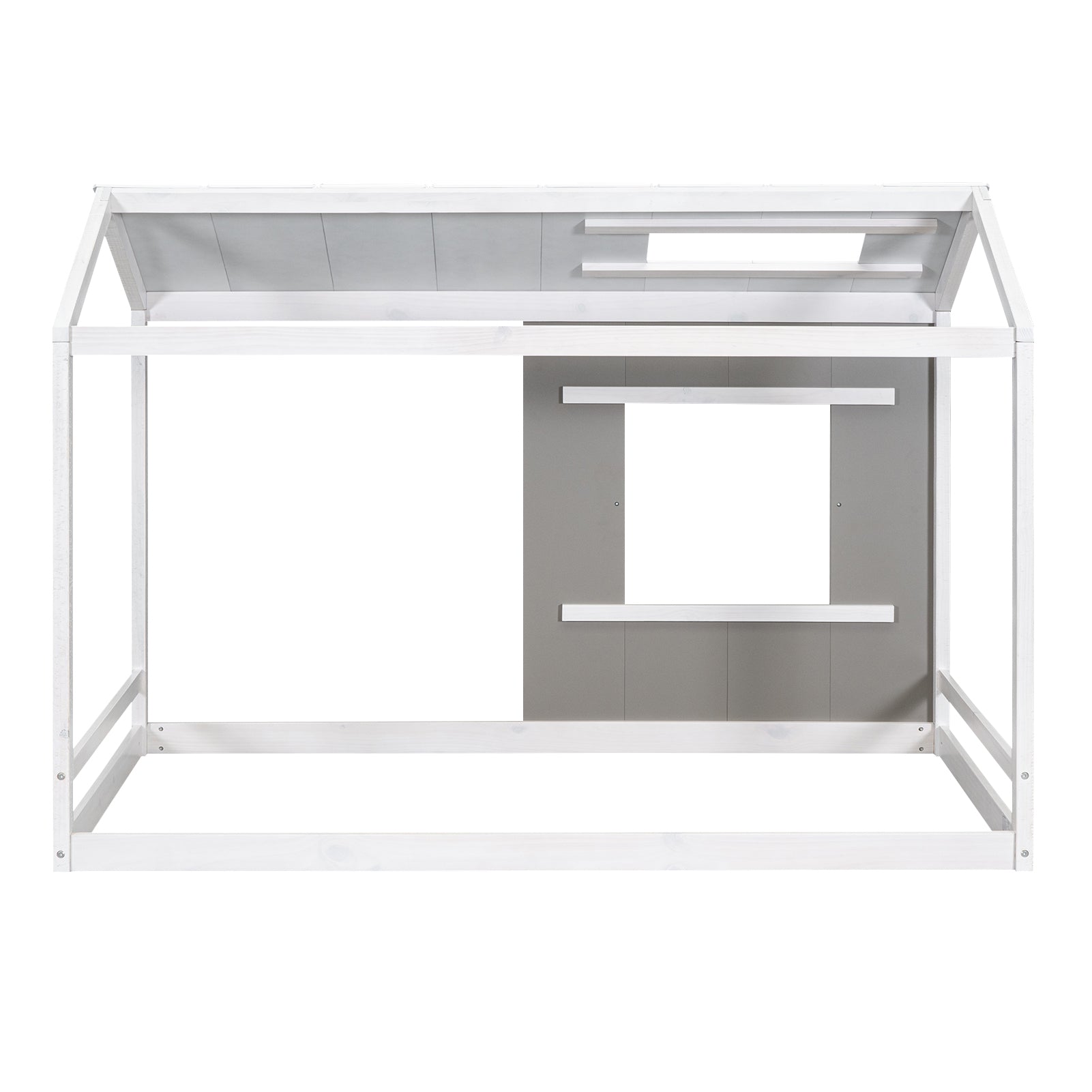 White wooden house bed frame with grey accent panels and shelves