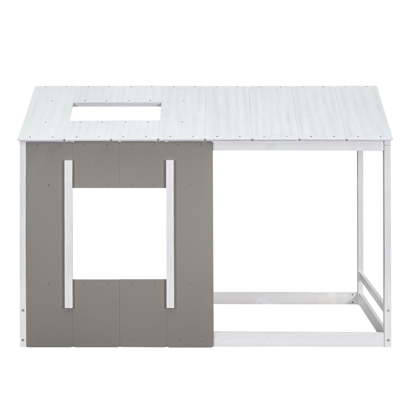White and grey wooden kids house bed frame with an open side and window detail