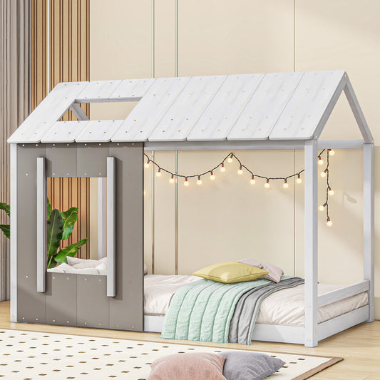 White and grey wooden house bed frame with fairy lights and bedding