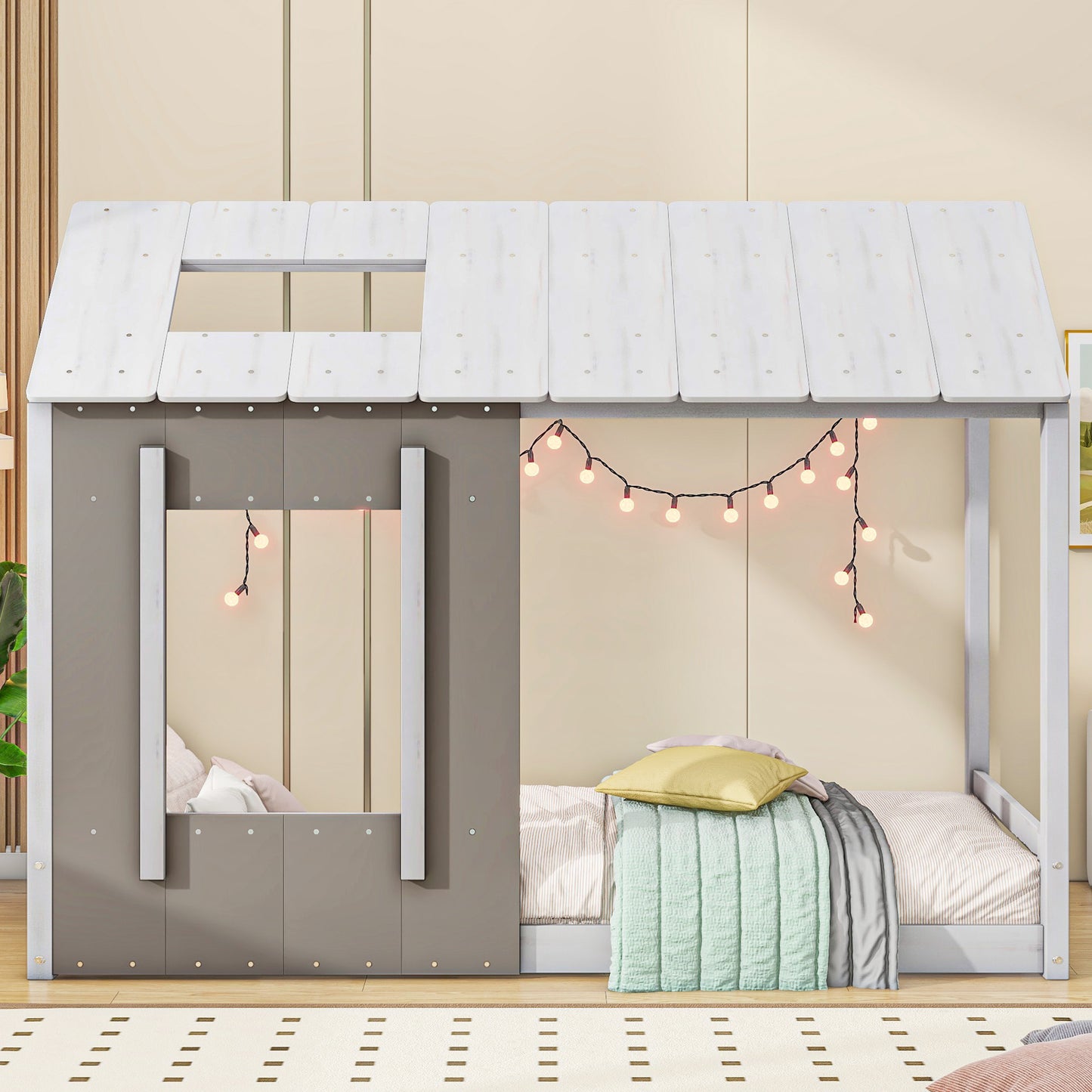 Modern grey and white wooden house bed frame with open window and string lights