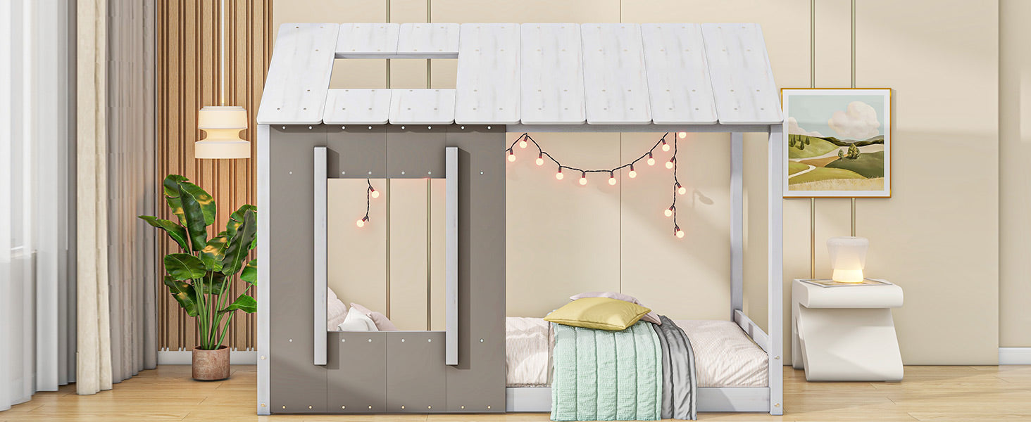 Grey and white wood house bed with string lights