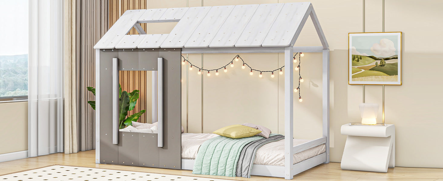 White wooden house frame bed with grey accents and string lights for kids