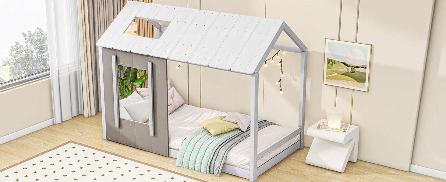 Grey wooden house bed frame with white roof for childs bedroom