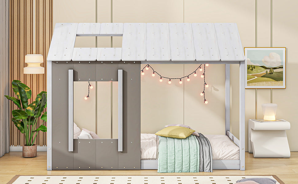Whitewashed wooden house bed with grey accents and string lights