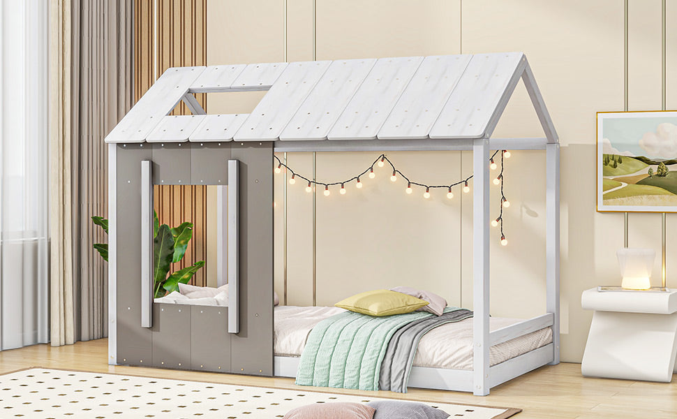 White wooden house bed frame with gray front panel and string lights