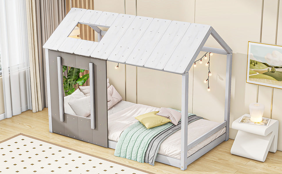 Gray and white wooden house bed frame for kids with string lights