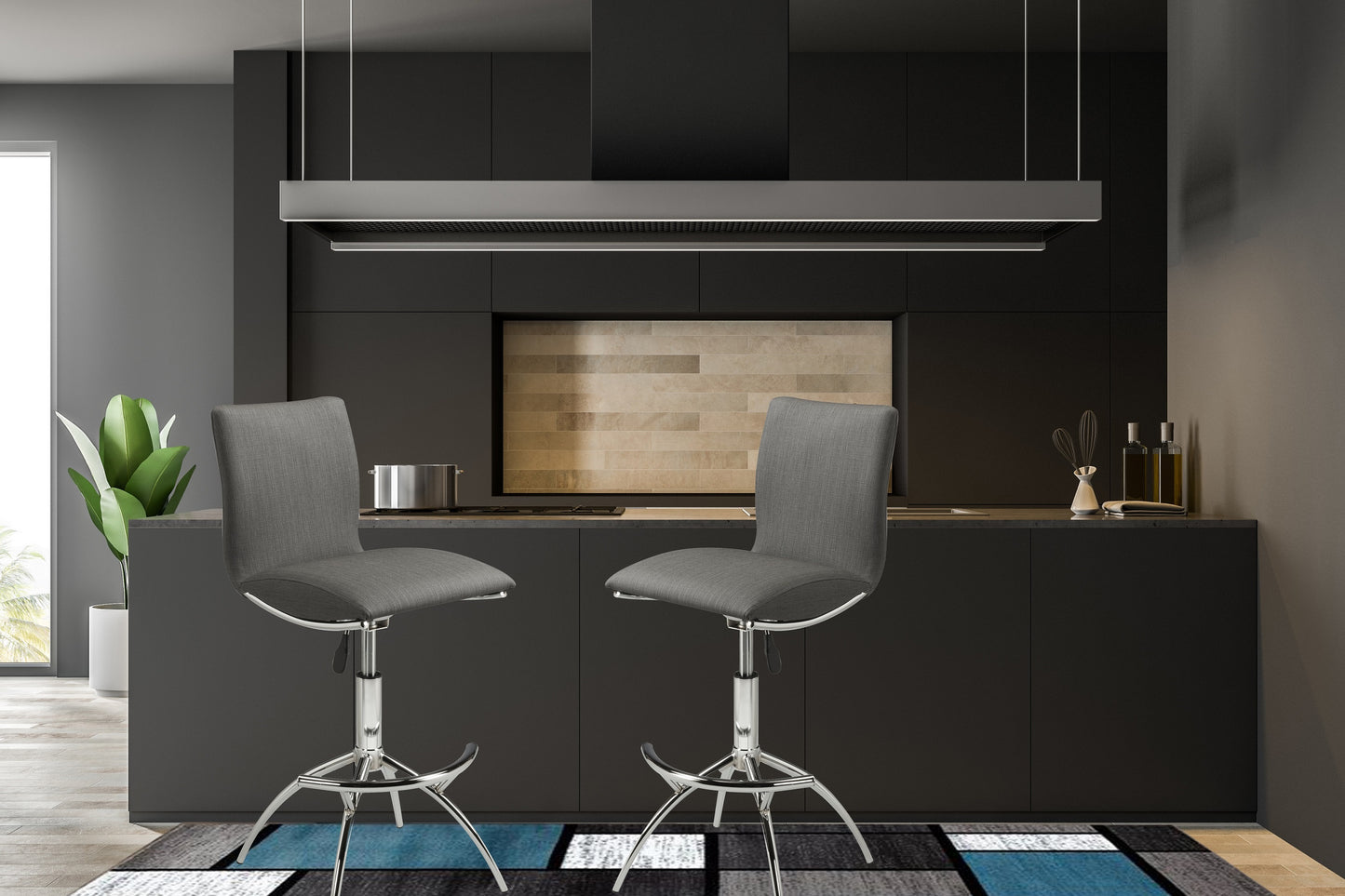 Gray fabric swivel bar stool with polished chrome base
