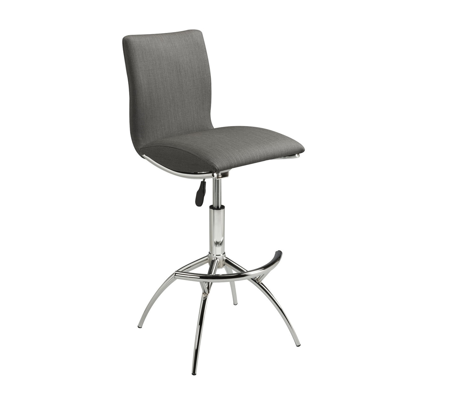 Grey upholstered adjustable bar stool with chrome base