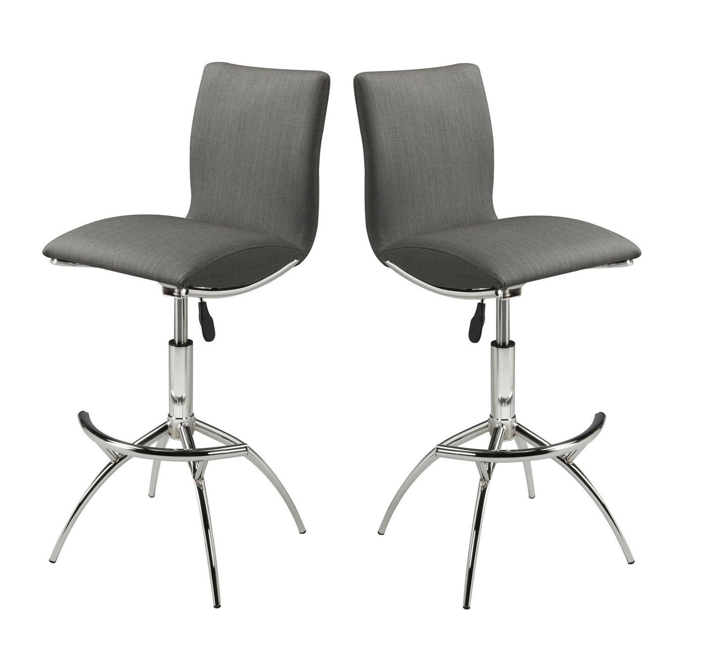 Pair of modern gray fabric bar stools with polished chrome base