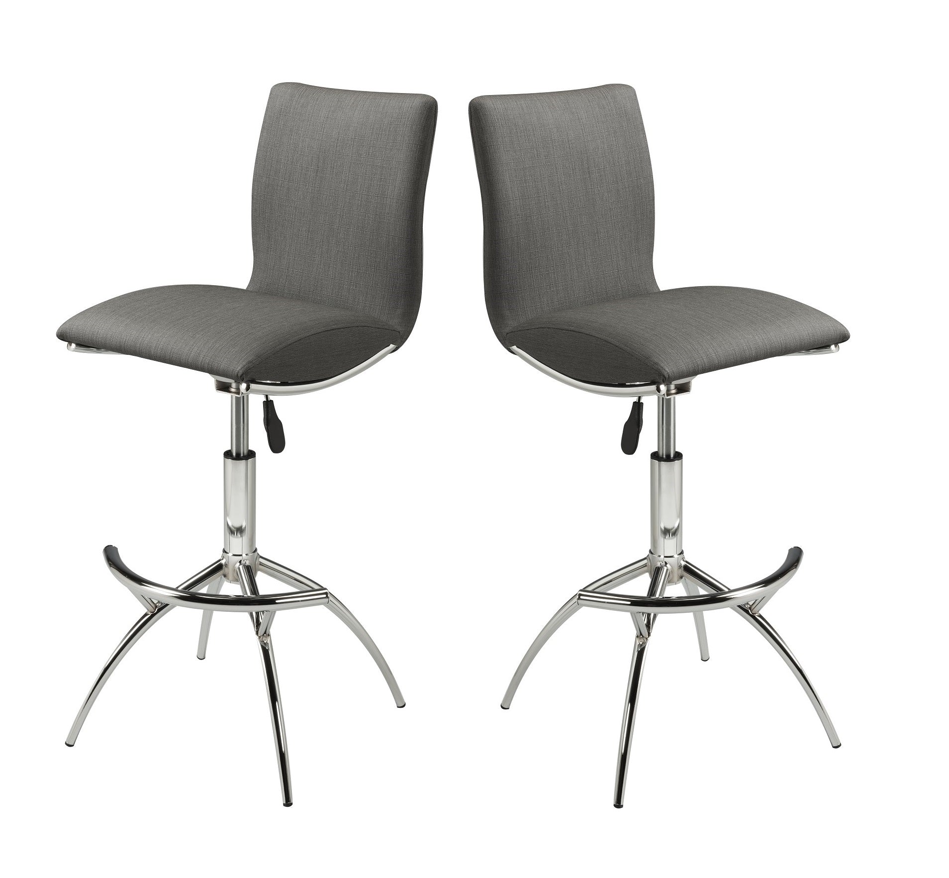 Pair of modern gray fabric bar stools with polished chrome base