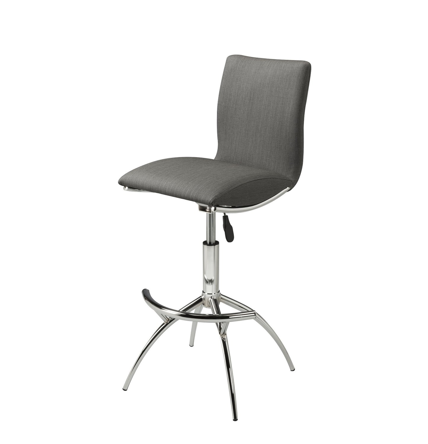 Modern grey fabric bar stool with adjustable height and chrome base