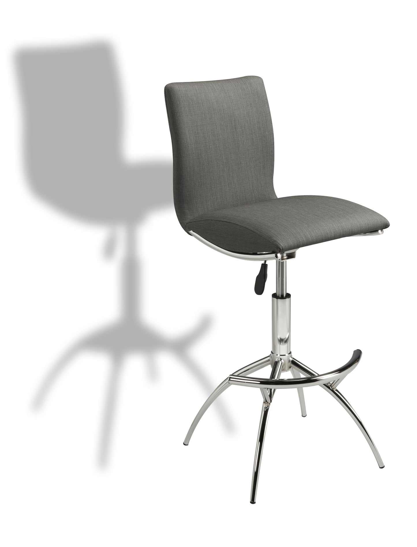 Gray fabric adjustable height bar stool with chrome base and footrest