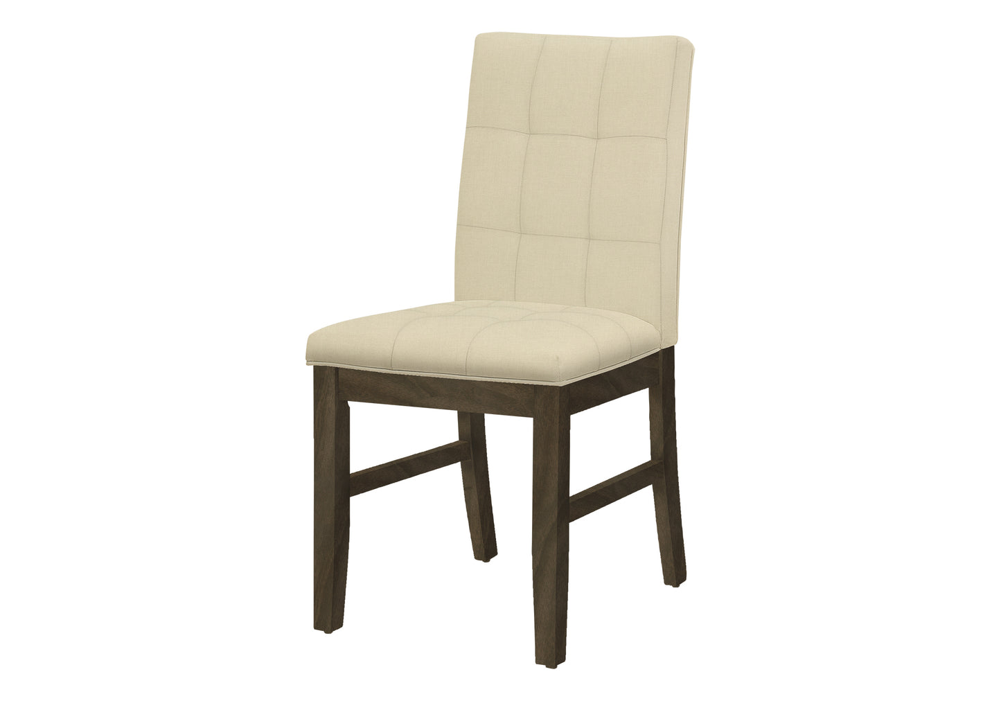 Tufted beige upholstered dining chair with dark wood legs