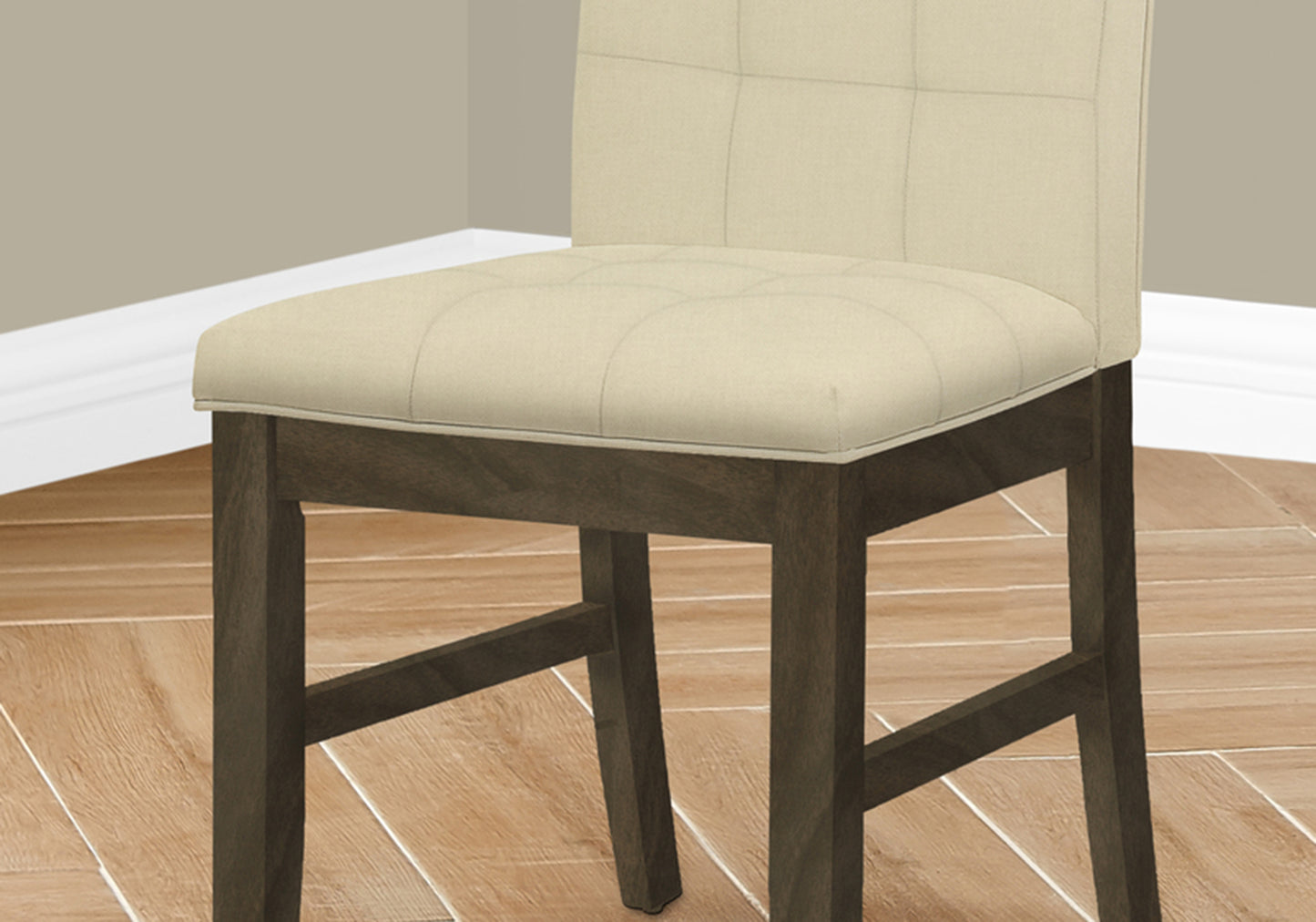 Cream upholstered tufted bar stool with dark wood legs