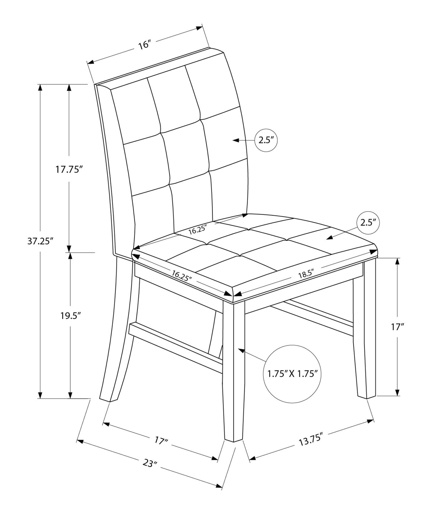 Detailed dimensions for upholstered dining chair with tufted back and seat