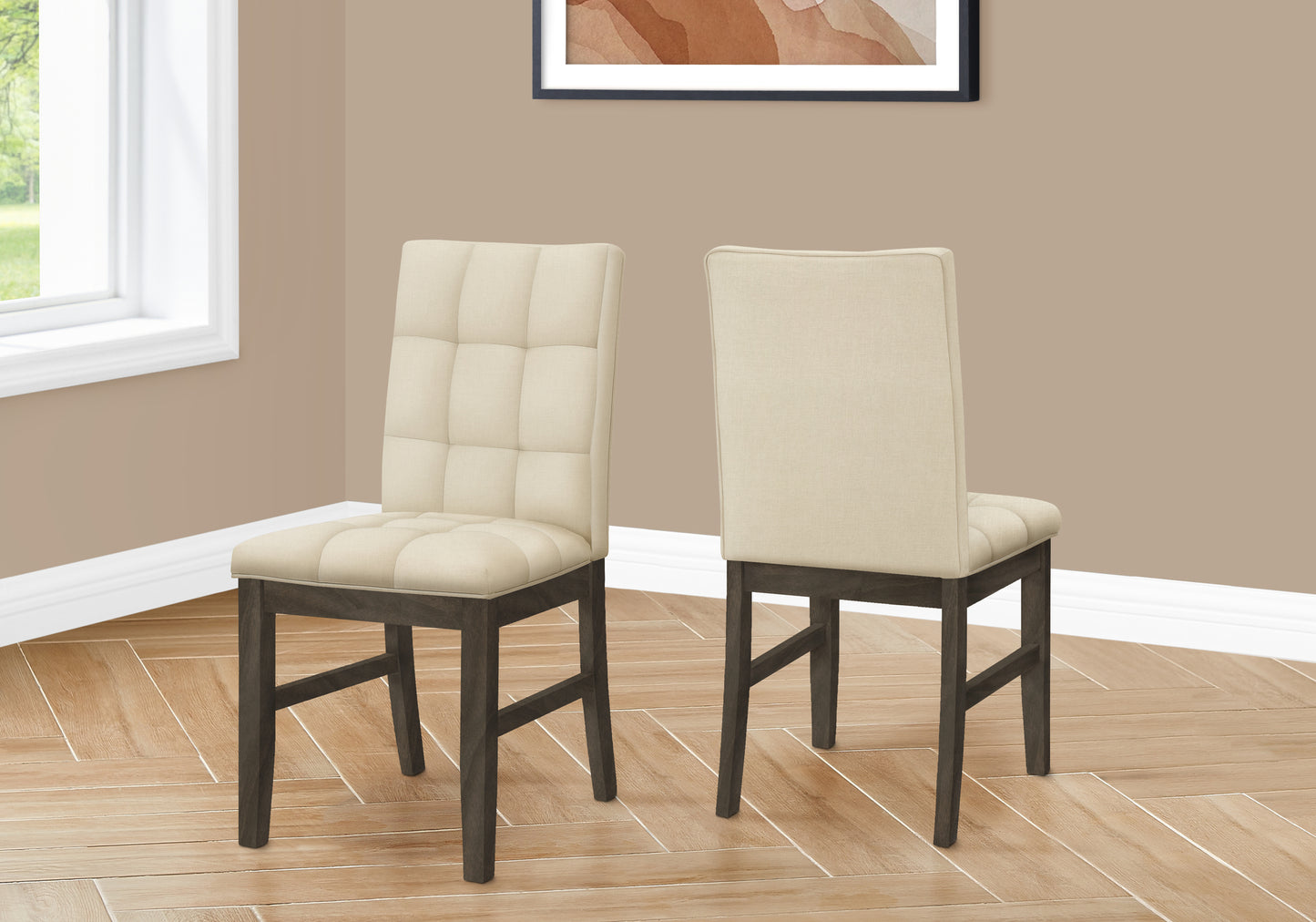 Tufted cream upholstered dining chair with dark wood legs