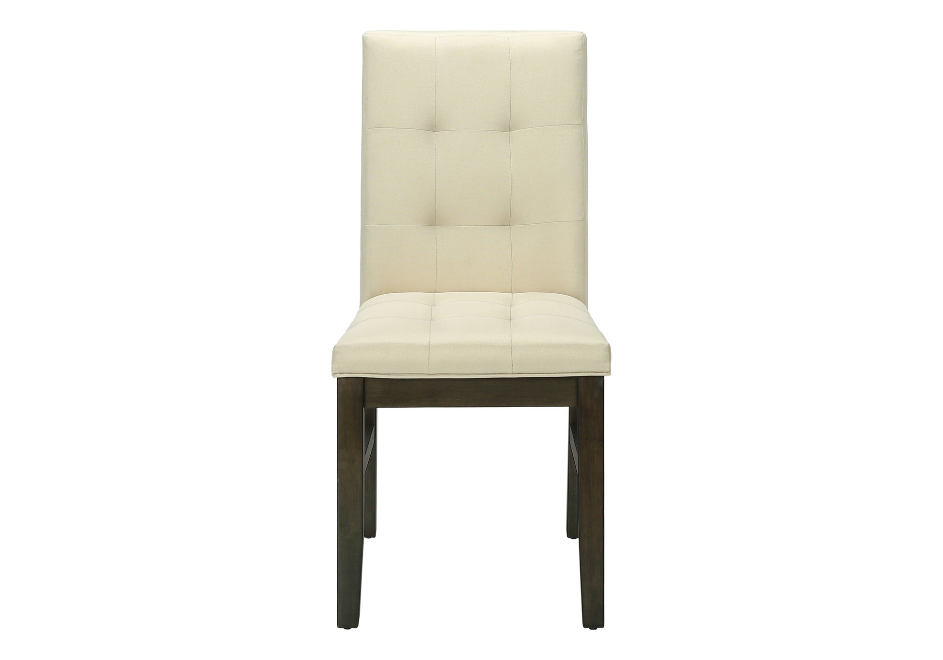 Cream upholstered dining chair with button tufting and dark wood legs