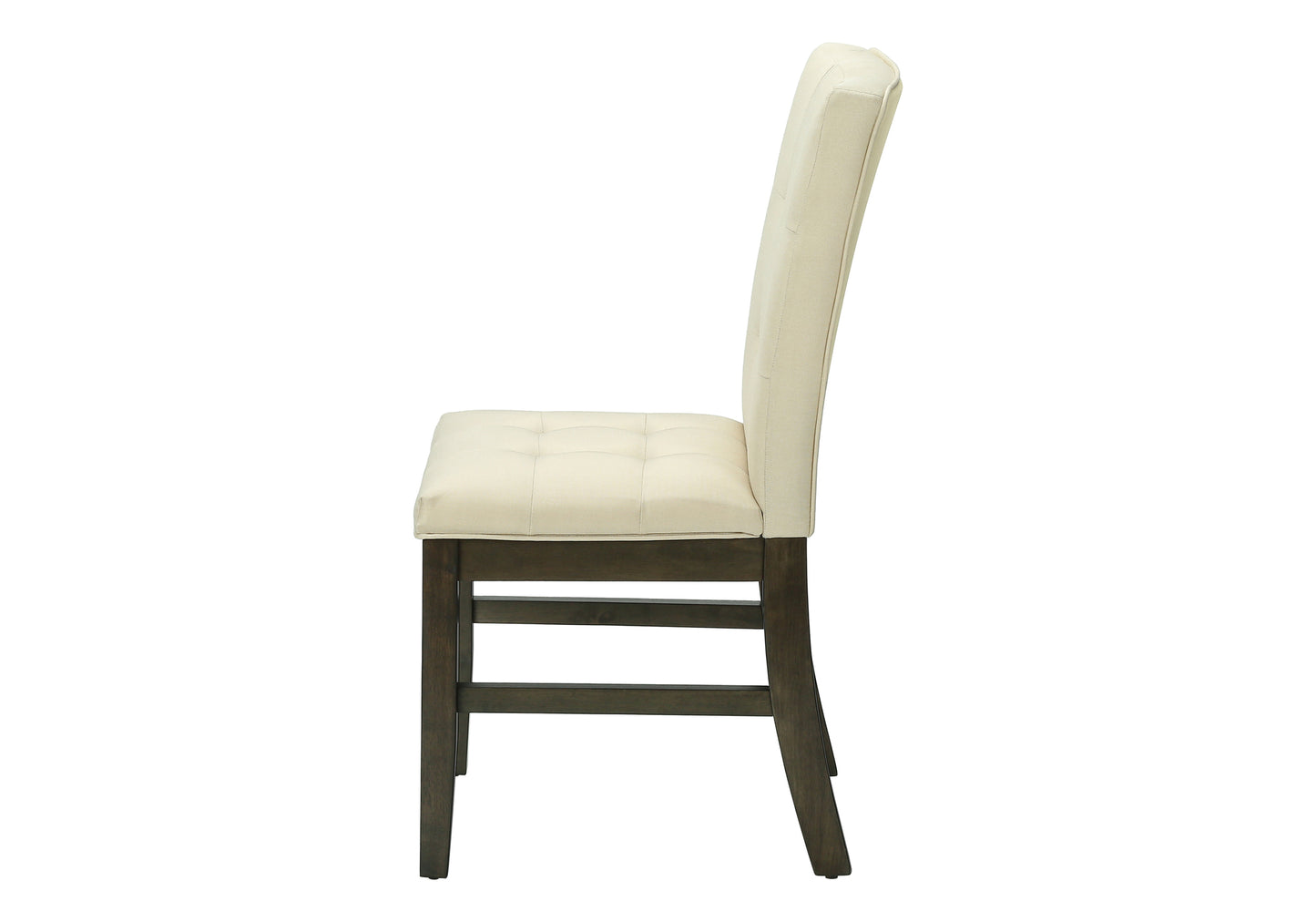 Cream upholstered dining chair with tufted seat and dark wood legs