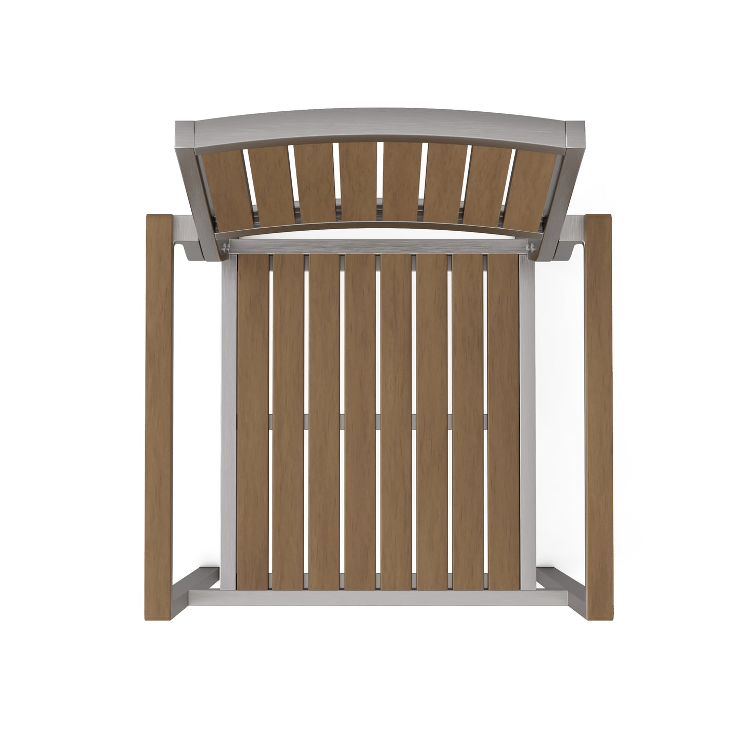 Modern outdoor chair with silver metal frame and slatted brown wood seat