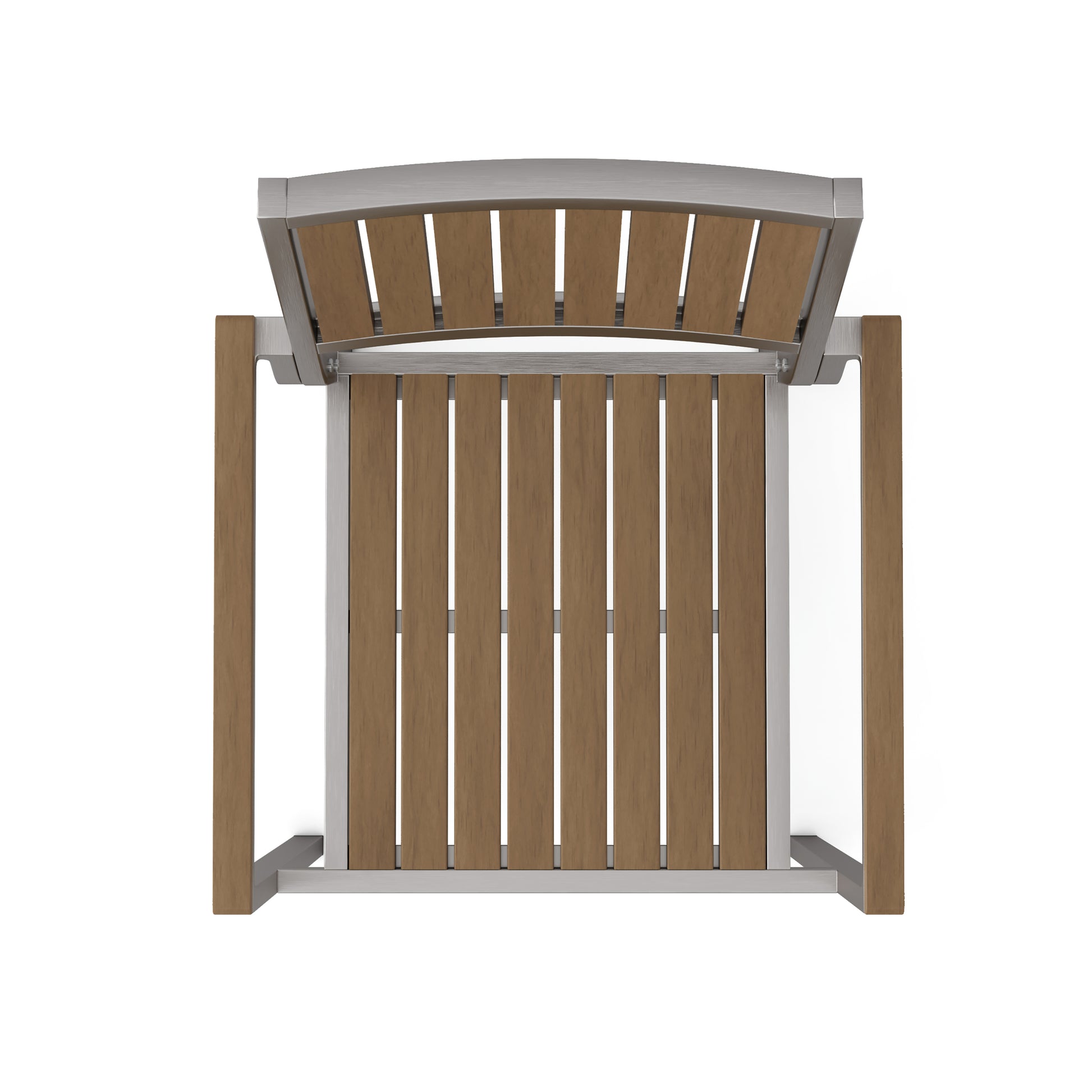 Modern outdoor chair with silver metal frame and slatted brown wood seat