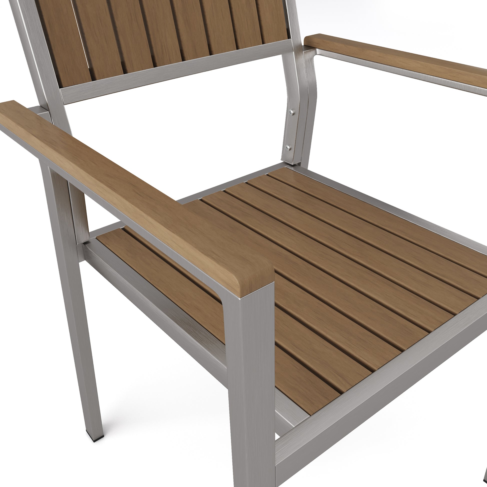 Modern outdoor chair with brushed aluminum frame and slatted wood seat