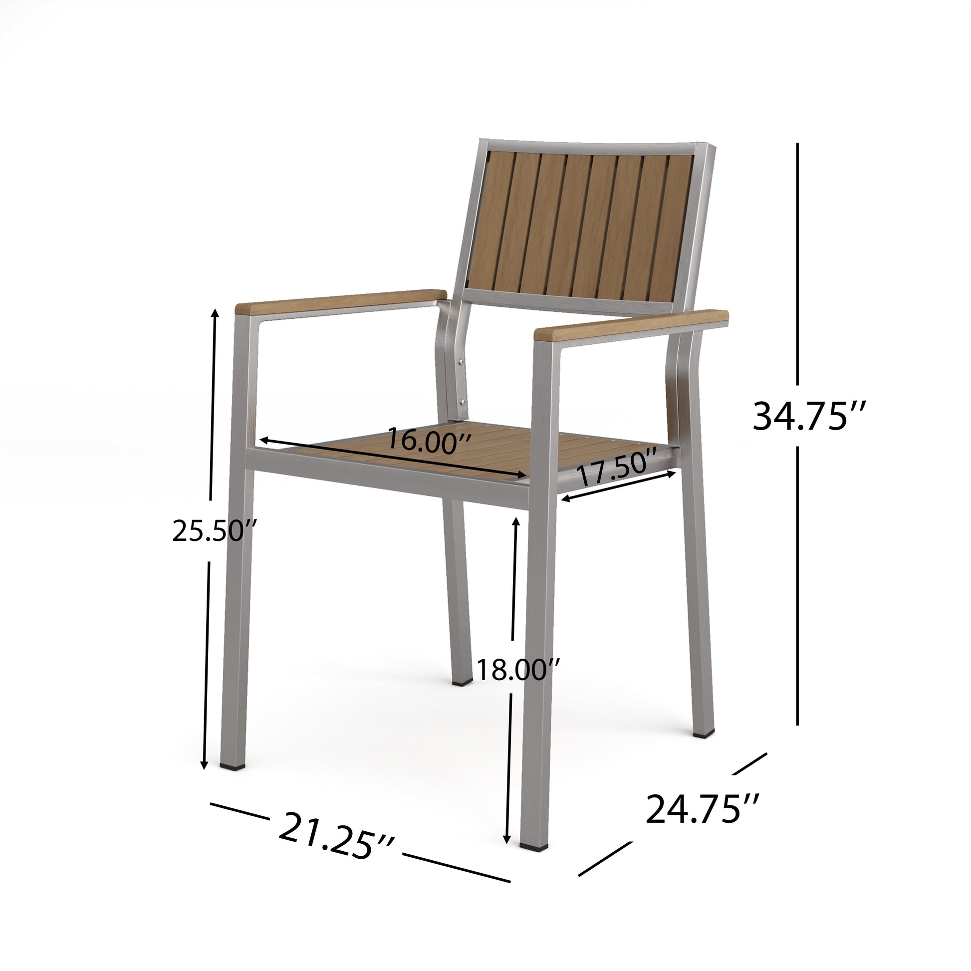 Modern metal armchair with natural wood slats and comfortable armrests