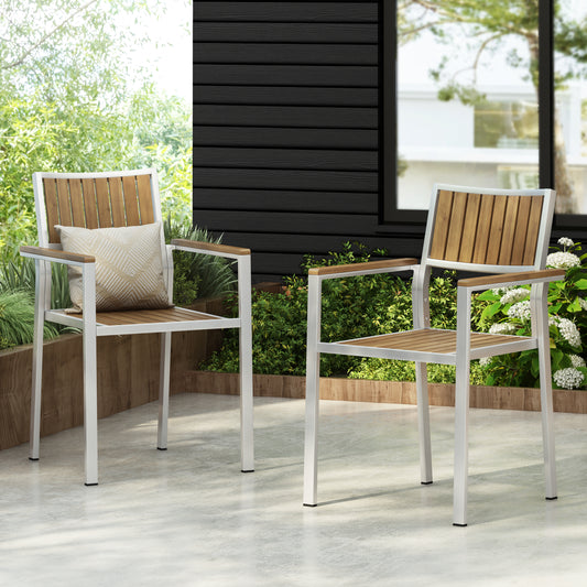 Modern patio chairs with white metal frames and slatted wood seats