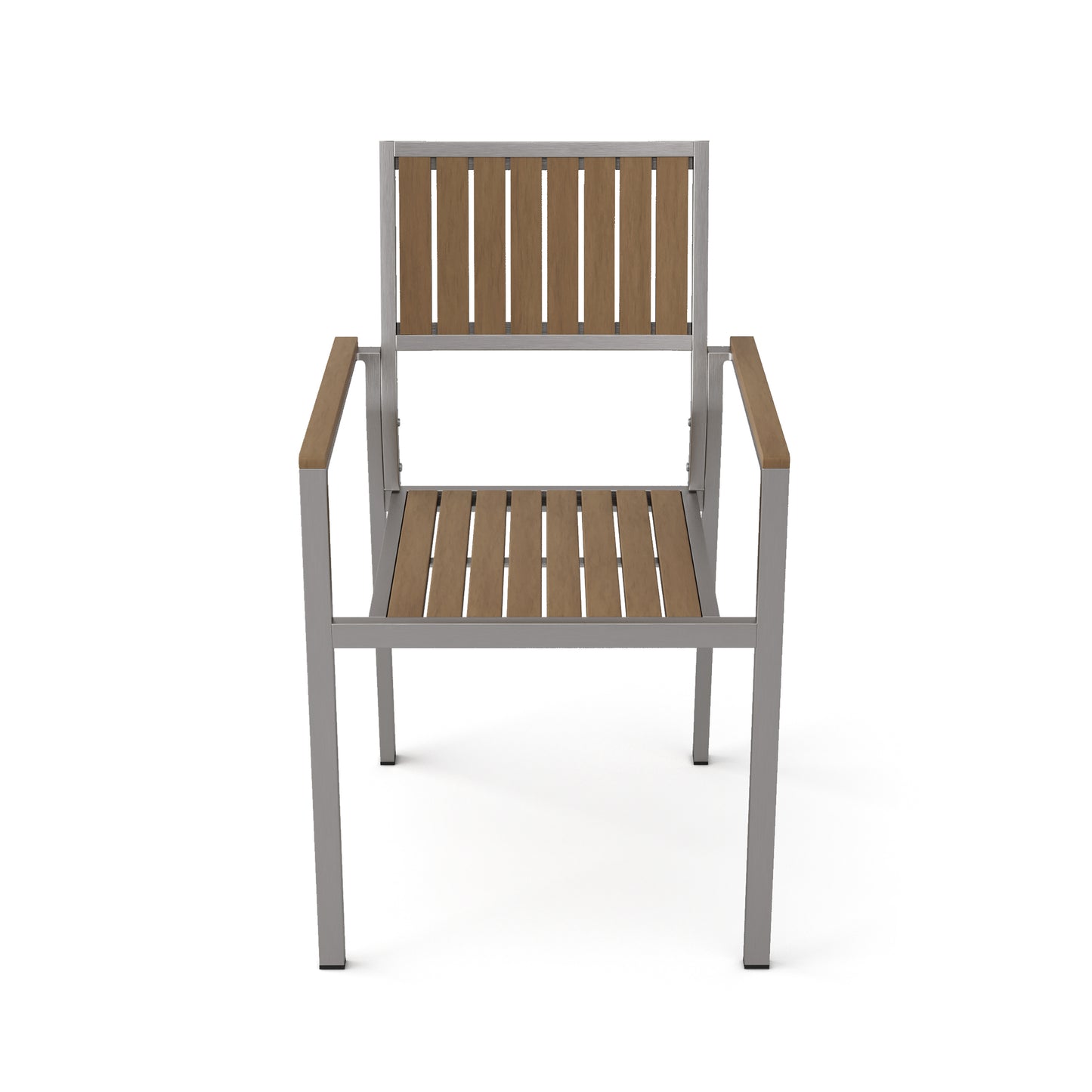 Modern patio chair with silver frame and woodlook slats