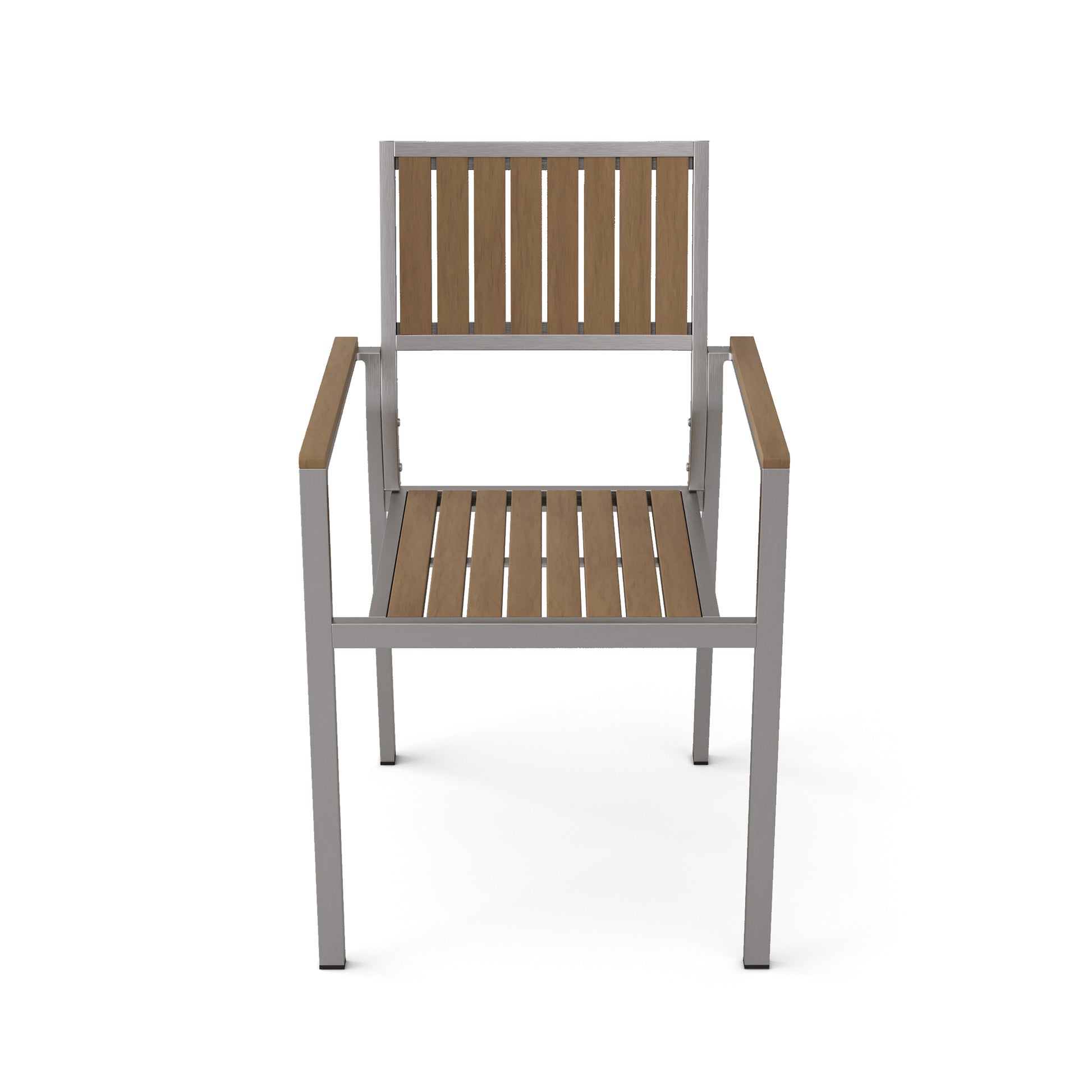 Modern patio chair with silver frame and woodlook slats