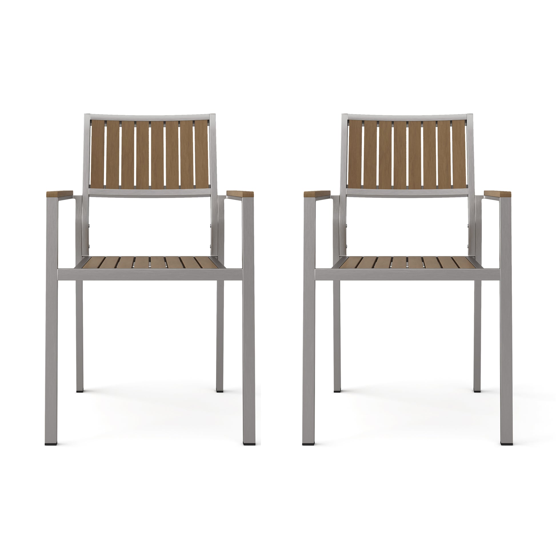 Pair of modern silver metal chairs with slatted wood seats